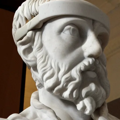 Prompt: marble statue of Plato wearing a virtual reality headset, Michelangelo