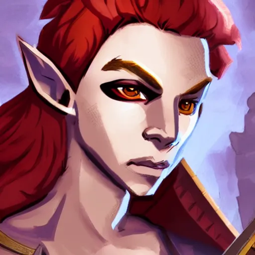 Image similar to dnd character illustration of a dark - skinned half - elf with messy red hair and golden eyes with slit pupils, androgynous