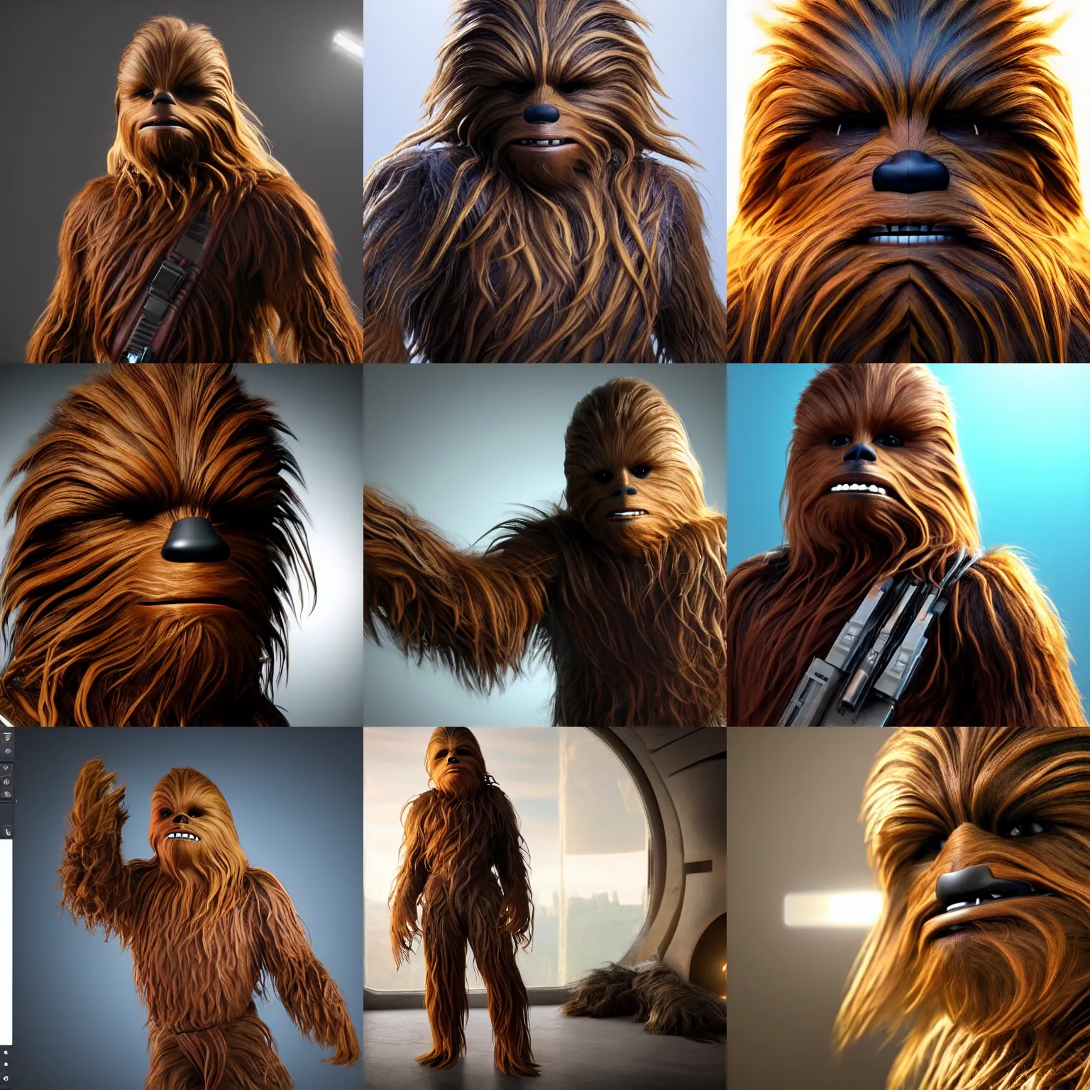 Prompt: still photo of chewbacca, studio lighting, unreal engine 5 quality render, photorealistic portrait, highly detailed, bright studio setting, crisp quality and light reflections