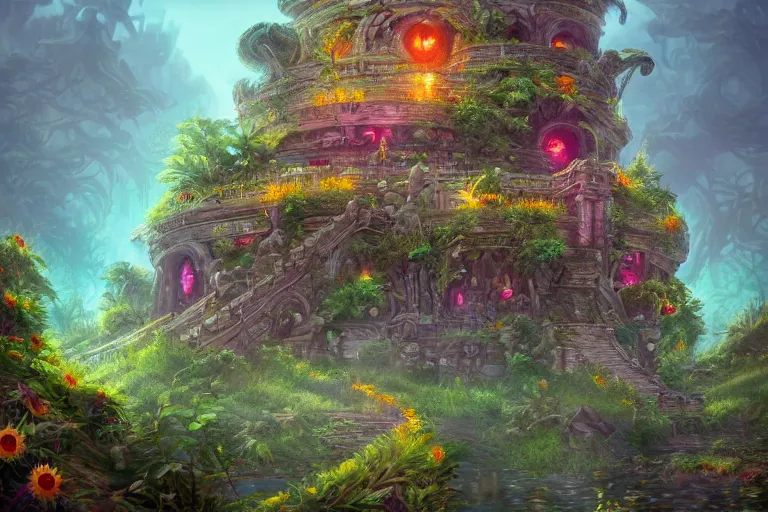 Image similar to Spiral temple, overgrown by sunflowers, fisheye by Quentin Mabille and Andreas Rocha and Raphael Lacoste, ruby skull, emerald refraction, rubies, overcast, fog, diamonds, unreal engine, trending on artstation