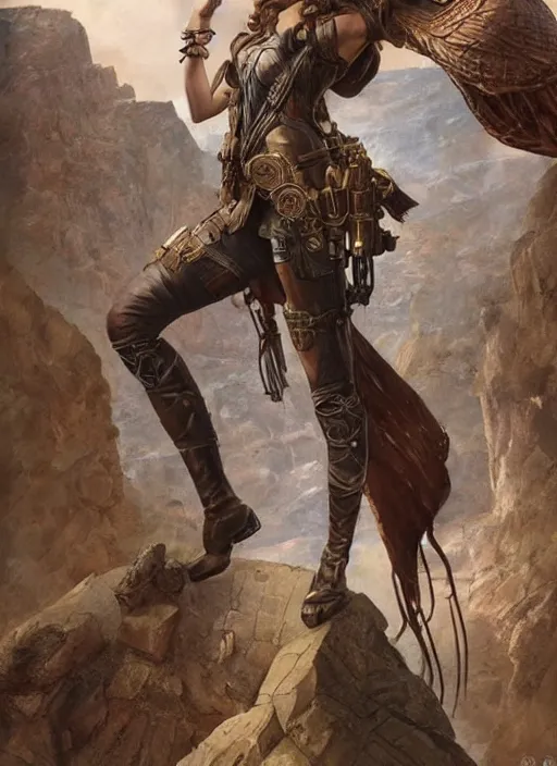 Image similar to highly detailed steampunk gal gadot posing while standing on a rock : leonardo da vinci, greg rutkowski, magali villeneuve