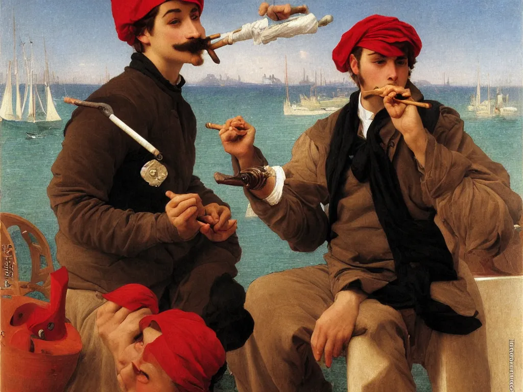 Prompt: a young french sailor with a mustache and a red beanie hat is smoking a pipe in his boat, by bouguereau and by botticelli