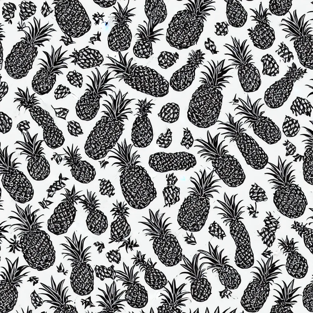 Image similar to seamless pattern parots and pineapples. black and white, drawing, white background, seamless, ornament.