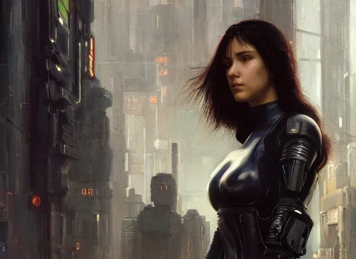 Image similar to Maria. Cyberpunk female hacker wearing stealth suit hiding from police patrol (blade runner 2049, cyberpunk 2077). Orientalist portrait by john william waterhouse and James Gurney and Theodore Ralli and Nasreddine Dinet, oil on canvas. Cinematic, hyper realism, realistic proportions, dramatic lighting, high detail 4k