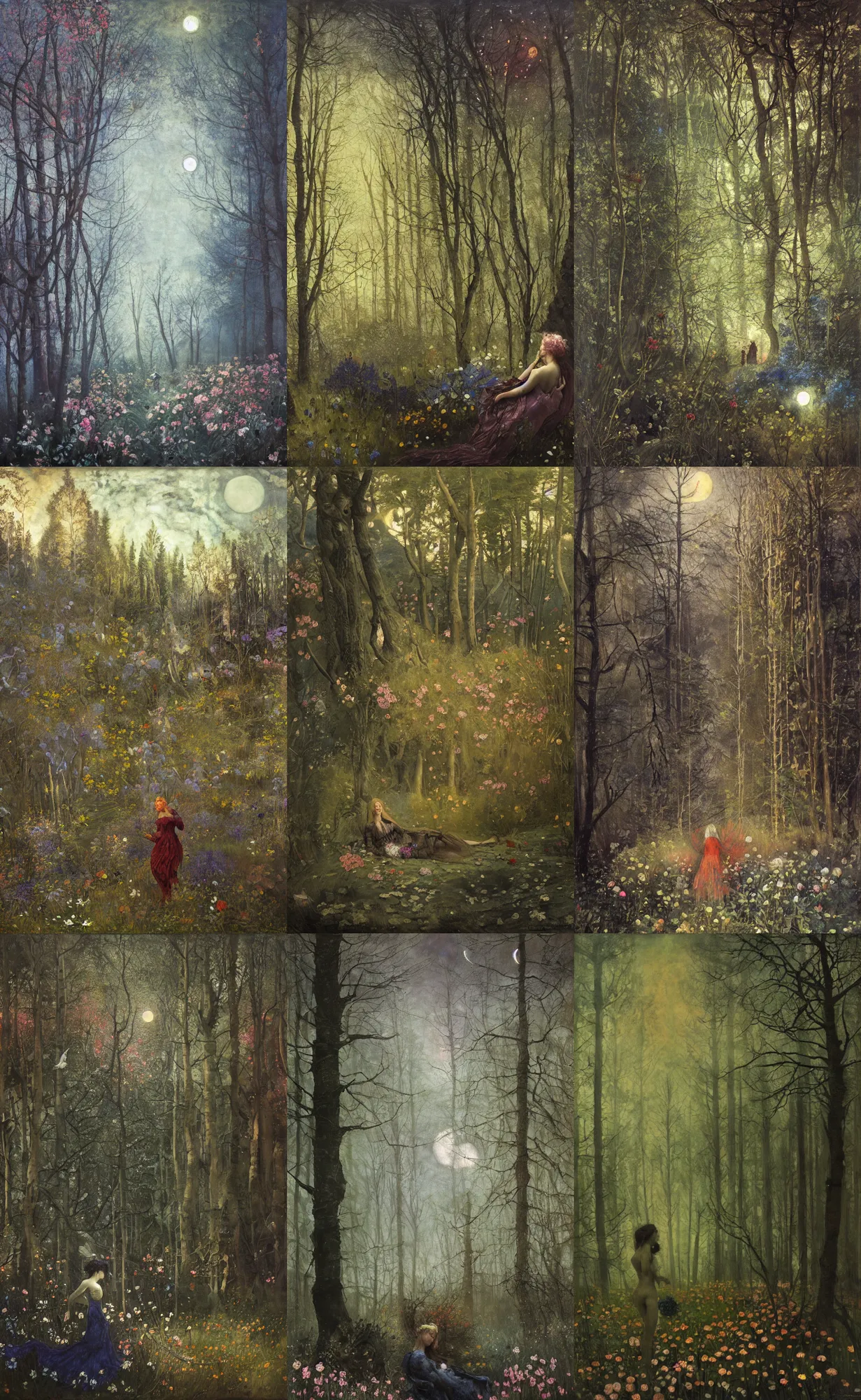 Prompt: painterly dreamy dark forest with trees, flowers, birds, barely seen women, liana, thistle and midnight sky with moon and stars by Mikhail Vrubel, Alexei Savrasov, Aron Wiesenfeld, dark fantasy, witcher, very detailed oil painting in the alla prima style, masterpiece, 8k