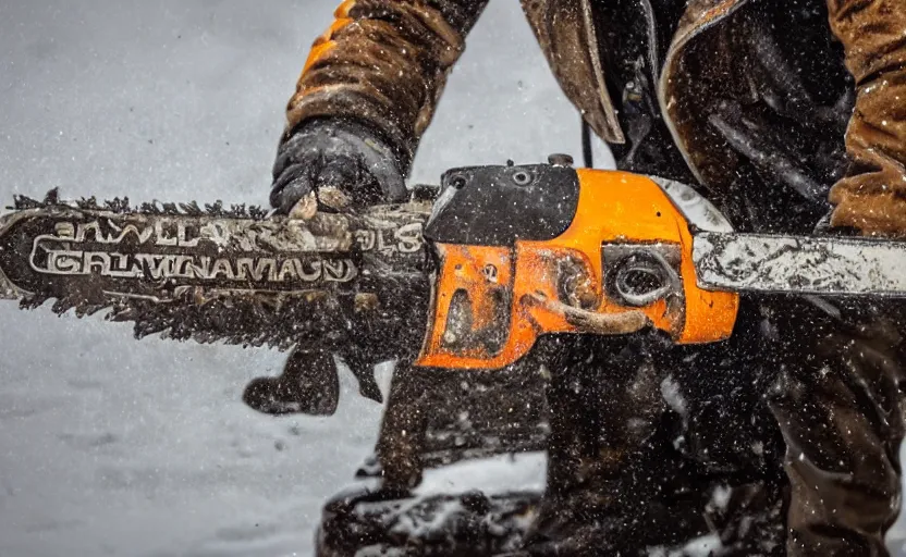 Image similar to walrus holding a chainsaw, extremely detailed, high quality, 8 k, nature photography,