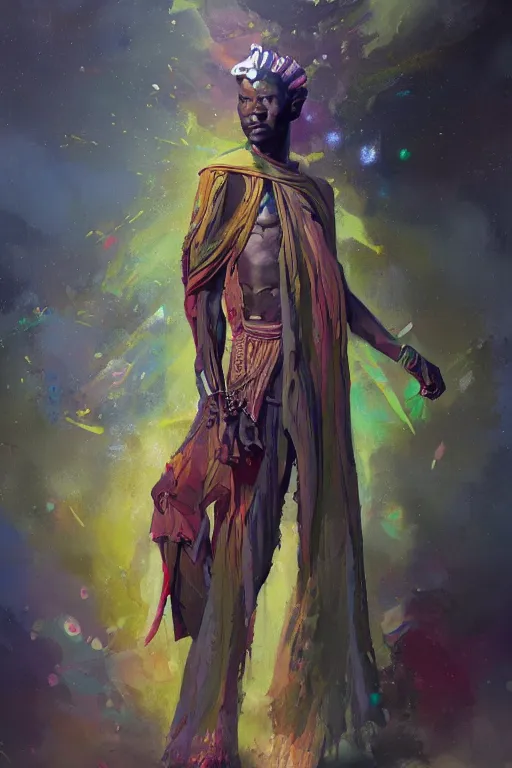 Image similar to a full body sci-fi portrait, oil painting, illustration of an old African Jedi, colourful, by Justin Sweet and Greg Rutkowski and Alphones Much