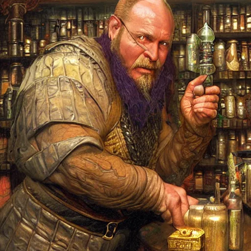 Prompt: The potion seller offers you his strongest of potions, D&D fantasy, portrait art by Donato Giancola and James Gurney, digital art, trending on artstation