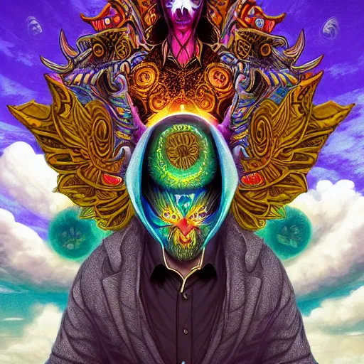 Prompt: 8K headshot Portrait of centered chest up of a psychedelic godlike mothman with giant mandala wings smoking a hand-rolled cigarette smoking heavily , magic mushroom village in background , post-processing , award winning. superb resolution. in the art style of junji Ito and greg rutkowski . Detailed Mushroom city in background. Hyper realistic anime. Perfect art. Dalle2