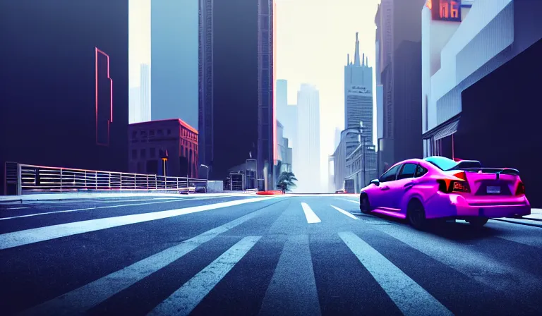 Image similar to a beautiful, sharp focus, clean lines. an urban cityscape with a grey 2 0 1 8 subaru wrx on the street. vaporwave ombre rendering. outrun style. trending on artstation. recommended for you behance. by chris moore. by edward hopper. ambient occlusion. digital matte painting. metropolis filmic. gotham city.