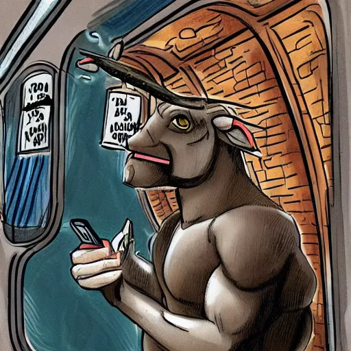 Image similar to the minotaur, riding on a subway, staring at his cell phone