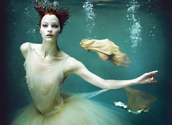 Prompt: epic beautifull renaissance portrait of beautifull young woman dancer underwater, art by * christy lee rogers * ( with help of mario testino and peter lindbergh and marta syrko )