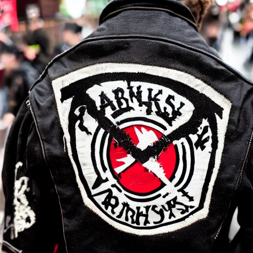 Image similar to a punk jacket covered in band patches and anarchists symbols