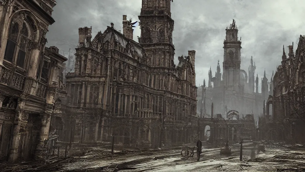 Prompt: victorian era architecture based city, abandoned, crawling with beasts, bloodborne, yarhnam