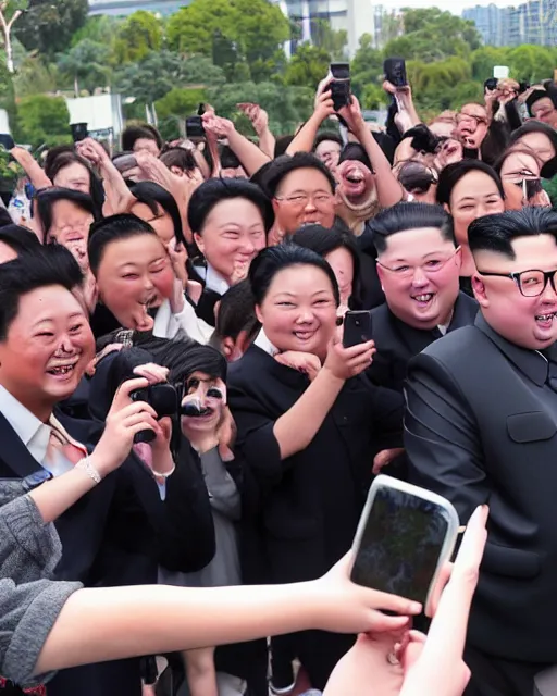 Prompt: phone photo of excited fans taking picture with Kim Jong-Un at a exclusive backstage meet and greet, realistic, 4k, 8k