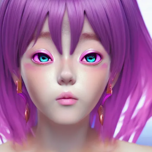 Prompt: stunningly beautiful omnipotent anime goddess with smooth porcelain skin, pink hair and mesmerizing cyan eyes, symmetrical perfect face, mid view, unreal engine 5, 8 k