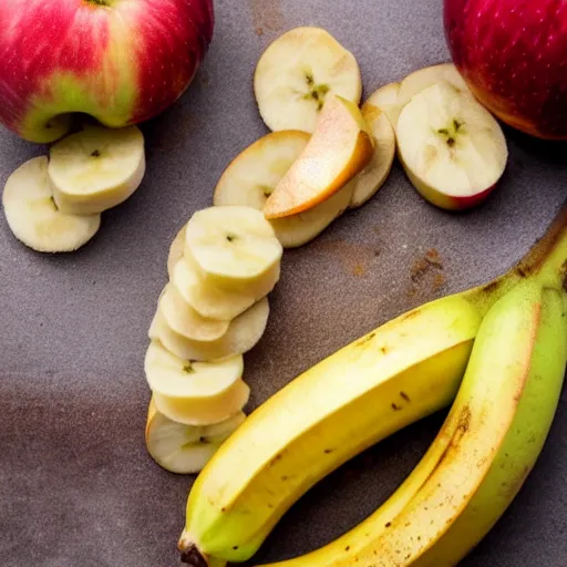 Prompt: close up image of a apple slice with banana in background #foodphoto