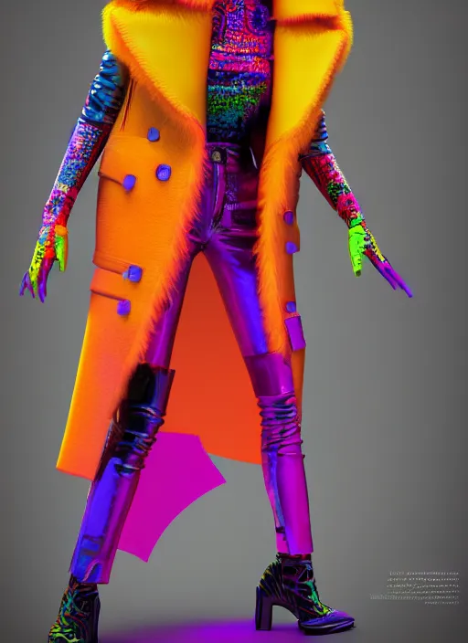 Image similar to coat for a rave, bright colors, many details, prints, photo for a magazine, photo for a store, fashion photography, Vogue, 135 mm, cinematic, hyper realism, high detail, octane render, 8k, chrome accents