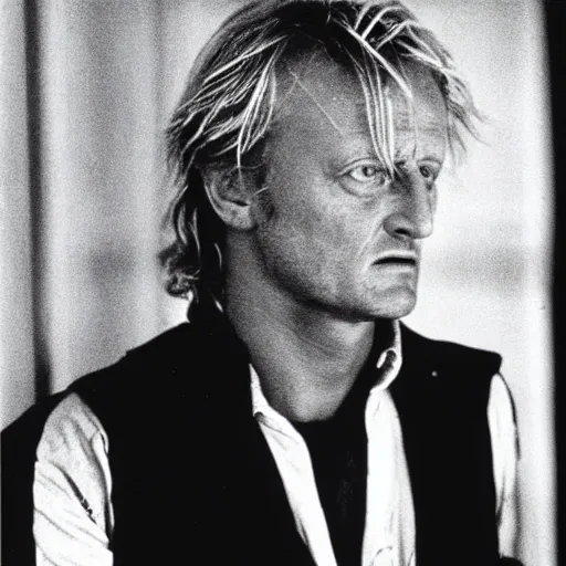 Prompt: rutger hauer, 1 9 8 7, dark room, blue, movie still