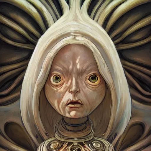 Image similar to portrait of small, rubbery, huge-eyed, big-lipped albino mutant priestess with elaborate white hair; Dune concept art by Anato Finnstark, Margaret Keane, Greg Rutkowski, and Studio Ghibli