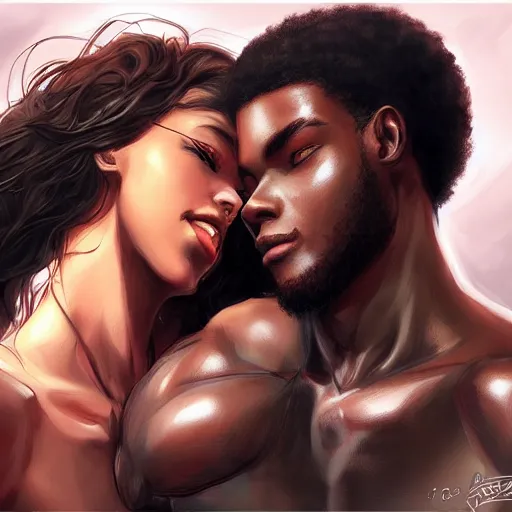 Prompt: beautiful black couple, highly detailed, trending on artstation, by artgerm, yoshitaka amano