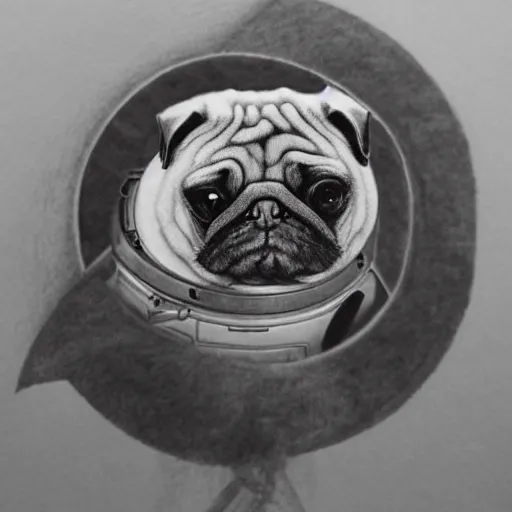 Image similar to pencil art, golden - ratio, spirals, highly detailed, astronaut pug in outer space by davinci.