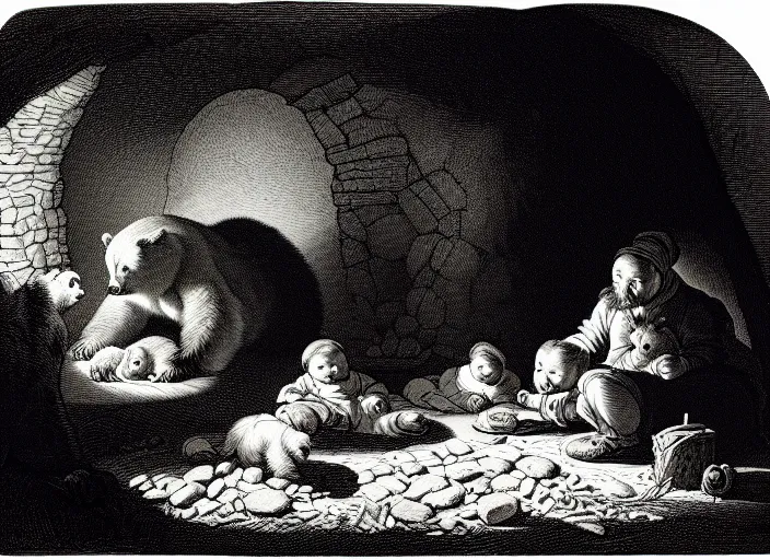 Image similar to Pieter Claesz's 'a bear and her cubs sleeping in a dark cave, lit by campfire', night time, cross hatching, framed, monochrome