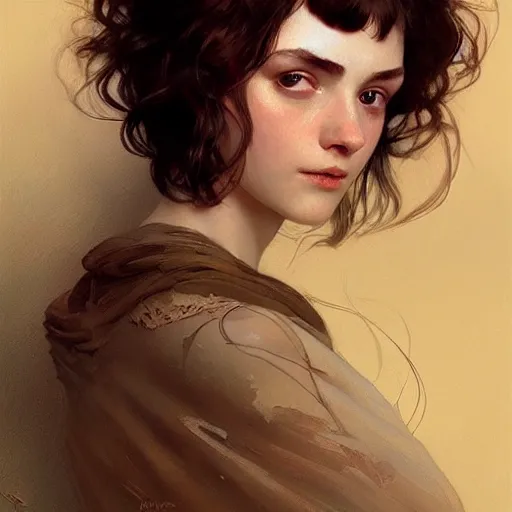 Image similar to portrait of a welsh girl with brown hair, glowing skin, delicate features, amelie poulain, fantasy, intricate, elegant, highly detailed, digital painting, artstation, concept art, smooth, sharp focus, illustration, art by Krenz Cushart and Artem Demura and alphonse mucha