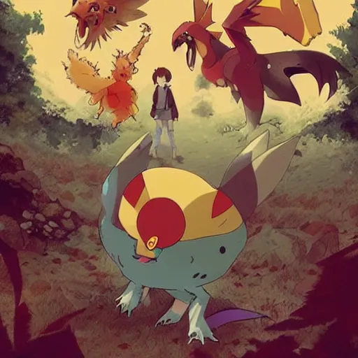 Image similar to poster for a film fantasy japanese animation called pokemon chicken attack, 8 k, hd, dustin nguyen, akihiko yoshida, greg tocchini, greg rutkowski, cliff chiang