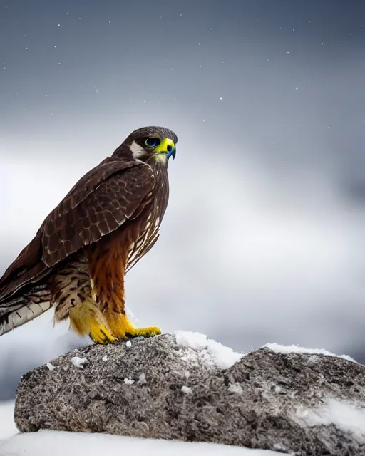 Image similar to A photo of a falcon surrounded by snowy mountains, focus on falcon, 4k