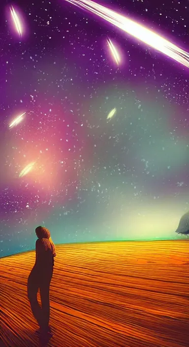 Prompt: person watching shooting stars app background artwork, digital art, award winning