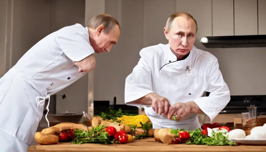 Image similar to vladimir putin in white apron in kitchen cooking dinner. stock photo, high key lighting, photograph