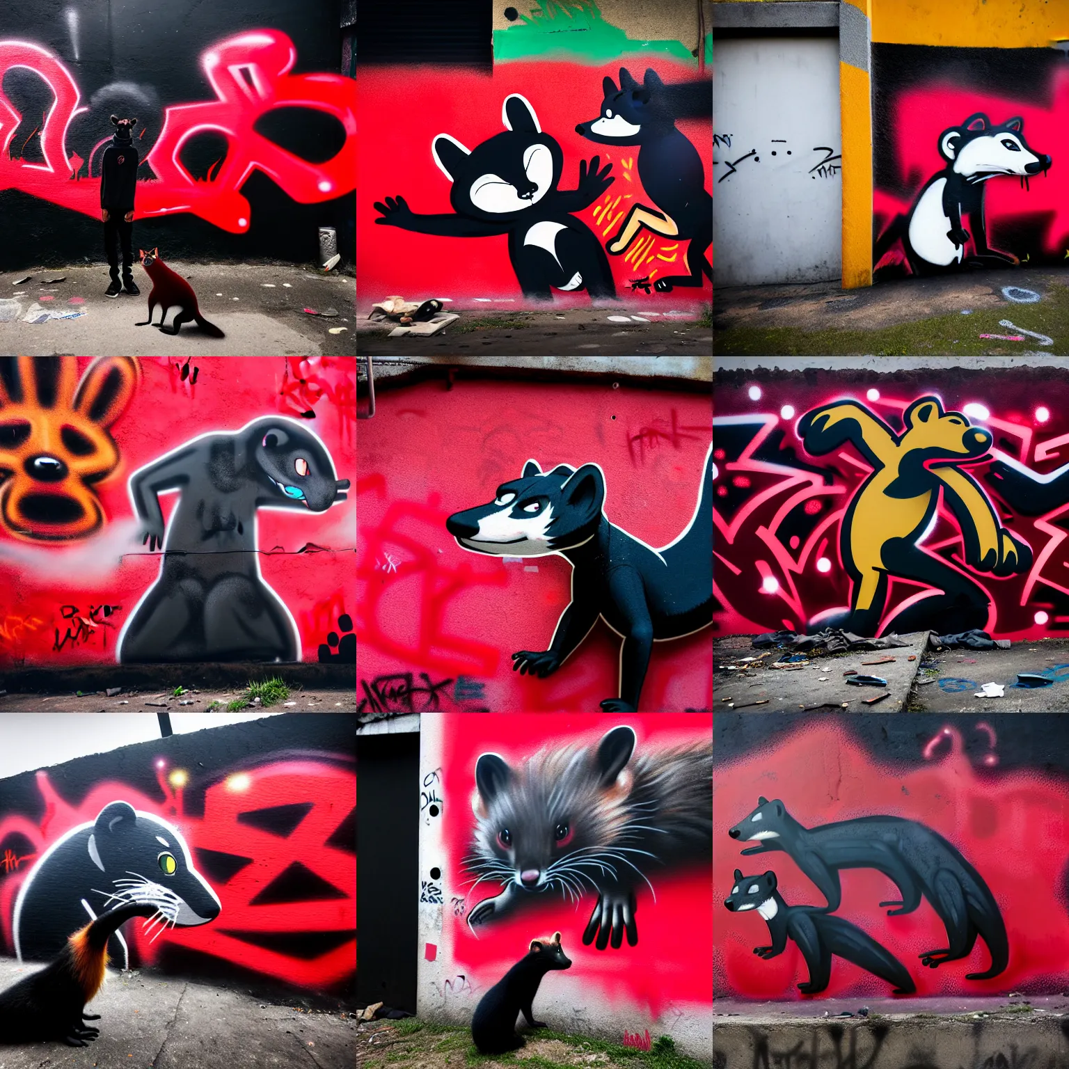 Image similar to photo ( far _ shot ), subject [ furry _ fandom _ fursona _ original _ character ( red - black, anthropomorphic _ humanoid, weasel - ferret - stoat ) ], background ( dark _ smoke ), medium [ graffiti ( spray _ paint, concrete _ wall ) ], location ( favela )