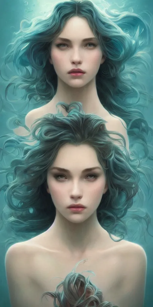 Image similar to haunting beautiful young woman, detailed photo realistic gorgeous face turning waves, dark, ominous, sad eyes, glowing hue of teal, vaporwave aesthetic, synthwave , digital painting, artstation, concept art, smooth, sharp focus, illustration, art by artgerm and greg rutkowski and alphonse mucha