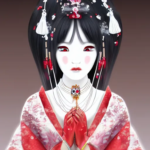 Image similar to albino maiko long hair, jewelry, sakura flower, red and white neon, concept art, intricate details, highly professionally detailed, cgsociety, highly detailed -