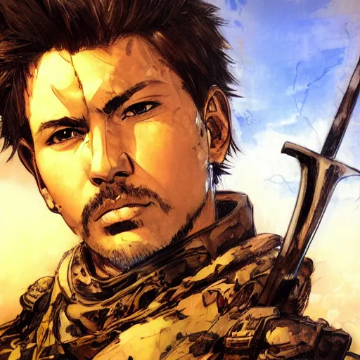 Image similar to portrait of a hero holding his sword in front of his face by yoji shinkawa, high quality, extra details, realism, ornate, colored, golden chain, blood, white skin, short hair, brown eyes, vivid, sunlight, dynamic, american man, freedom, white american soldier, painting