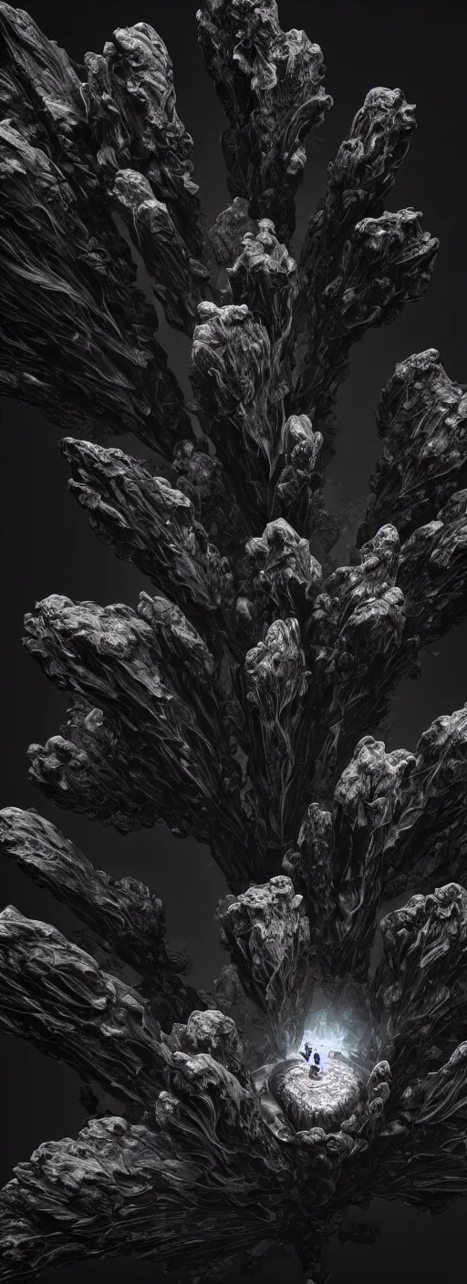 Image similar to visceral exoskeletal formations surrounding an alien flower, mythical mountains, dark contrast lighting, surreal, hyper detailed, cycles 3 d render, 8 k