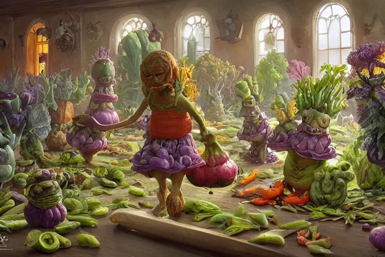 Prompt: miniature vegetable creatures parade. the floor is a cutting board. a kitchen in the background. digital art, realistic, pixar style, highly detailed, cinematic, matte painting, vivid colors, realistic, epic, low angle, lighting, by greg rutkowski and artgerm and alphonse mucha