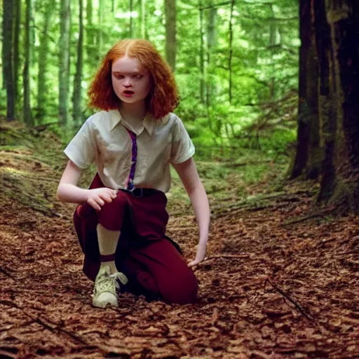 Image similar to Sadie Sink (Maxine Mayfield) from Stranger Things kneeling in a forest looking straight ahead, cinematic, soft realistic lighting, establishment scene, extremely high details, photorealistic, 8k