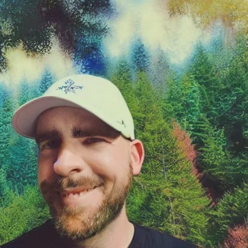 Prompt: colorful selfie of a white man with a black baseball cap, brown beard, and grey shirt on the summit of a forested mountain in the style of pointillism, abstract art, psychedelic