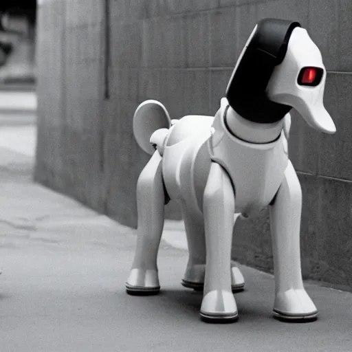 Image similar to movie still of dog robot white swiss shepperd, cinematic composition, cinematic light, criterion collection, by edgar wright