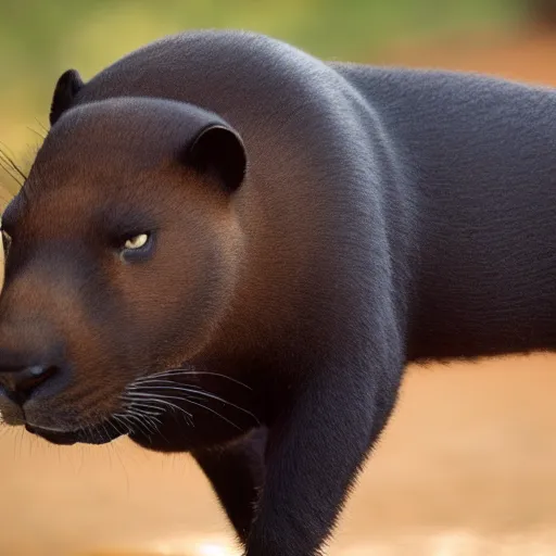 Prompt: head of a black panther in the body of a capybara