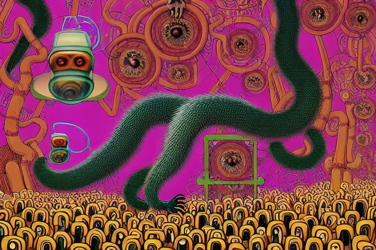 Prompt: a detailed digital art painting of a cell shaded cyberpunk ornate magick oni aztec ferret with occult futuristic effigy of a beautiful field of mushrooms that is a adorable lemur atomic latent snakes in between lizard biomorphic molecular psychedelic hallucinations in the style of escher, alex grey, stephen gammell inspired by realism, symbolism, magical realism and dark fantasy, crisp