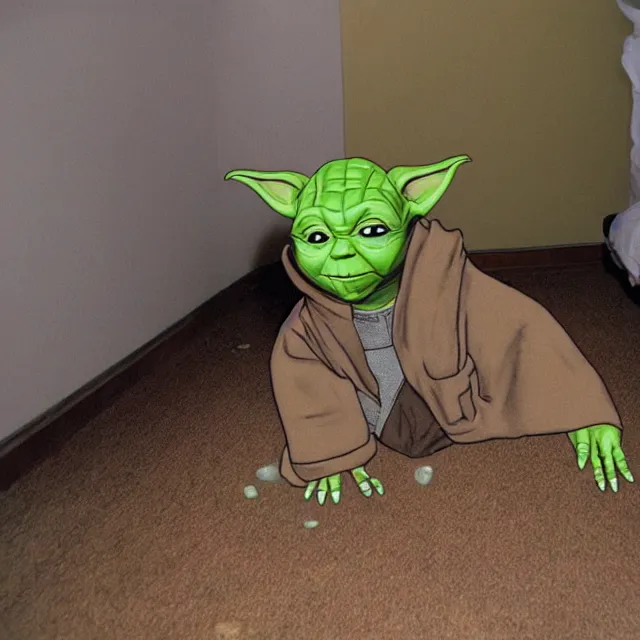 Image similar to yoda overdosed in a filthy motel room, crime scene photo, camera flash on
