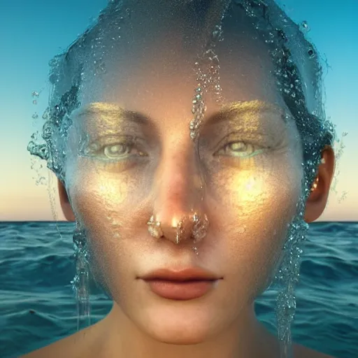 Prompt: portrait woman made of glass emerging out of the ocean at sunset, realistic reflections, translucent body, ray tracing, 3 - d render, intricate details, masterpiece, style of timothy hogan