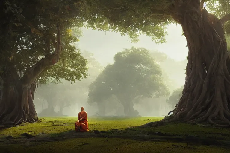 Prompt: a big banyan tree, a monk meditating, sun rising, water on ground, hyperdetailed artstation cgsociety by greg rutkowski