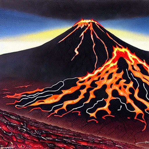 Image similar to poutine ( the canadian meal ) from ngauruhoe ( mount doom ), lava texture, char texture, volcano texture, fire texture, by alan lee, by john howe