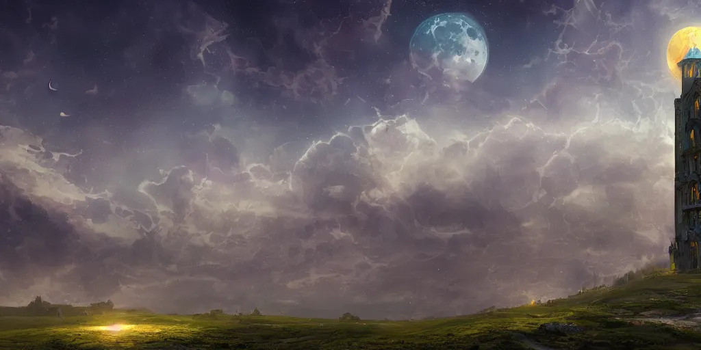 Prompt: The great intricate marble and golden wizards tower, painted landscape, green fields in the background, moody lighting, moon in the night sky, sharp image, 4k, artstation, colorful digital art