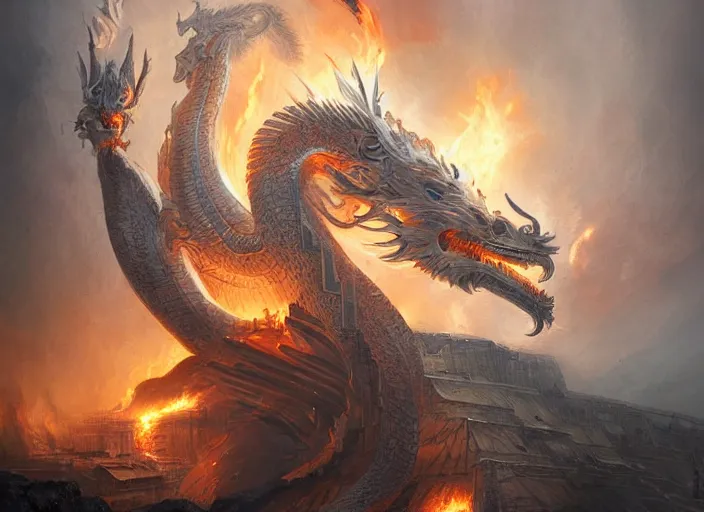 Prompt: luxurious white chinese dragon deatroying the cyberpunk egyptian pyramid with intense destructive fire 🔥, by greg rutkowski, james jean, peter mohrbacher, rule of thirds, sigma look, beautiful, intricate, majestic, award winning