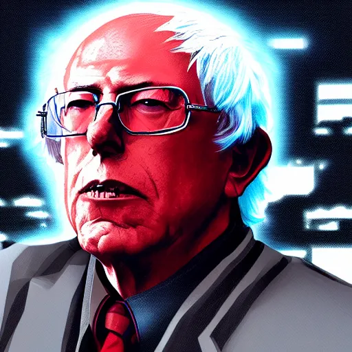 Prompt: cyberpunk bernie sanders as the leader of a futuristic communist nation, cybernetics, sharp lines, digital, artstation, colored in